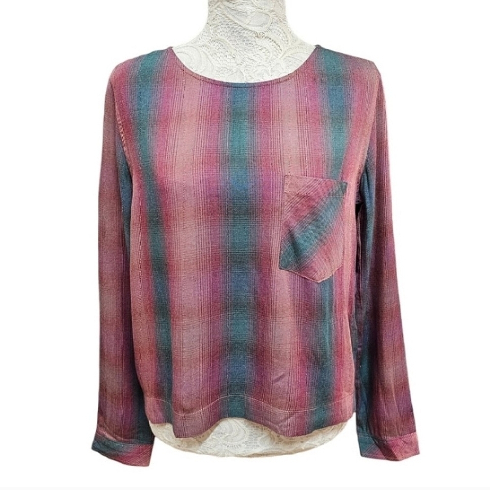 Cloth & Stone Pink Boho Plaid Lace Up Corset Back Rayon Grunge Lightweight Top